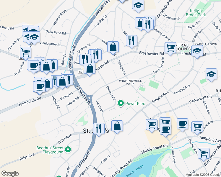 map of restaurants, bars, coffee shops, grocery stores, and more near 120 Crosbie Road in St. John's