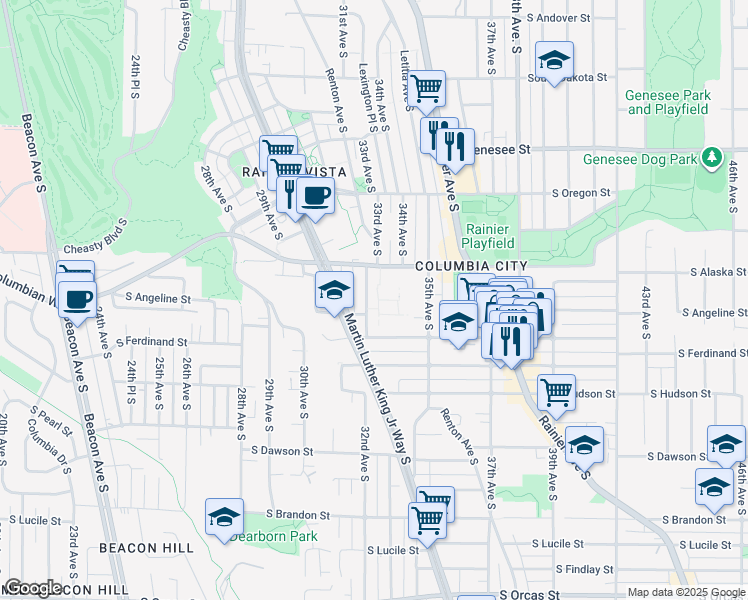 map of restaurants, bars, coffee shops, grocery stores, and more near 4740 32nd Avenue South in Seattle