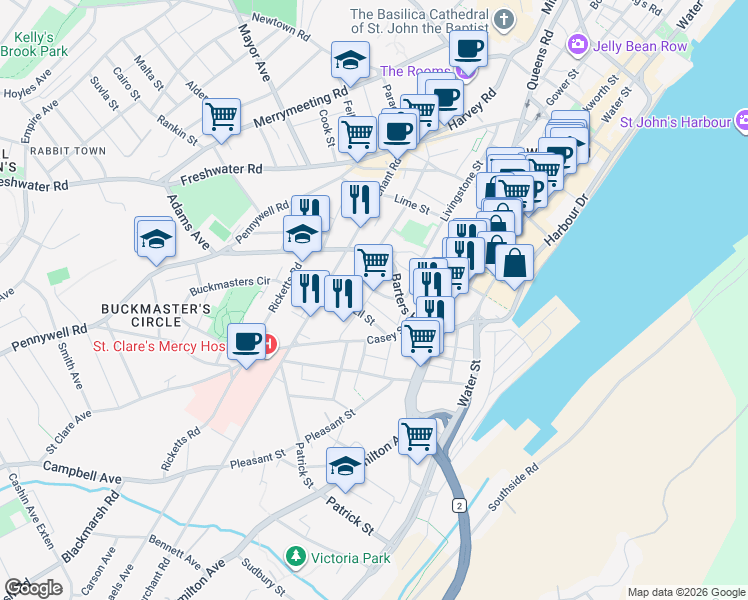 map of restaurants, bars, coffee shops, grocery stores, and more near 44 McFarlane Street in St. John's