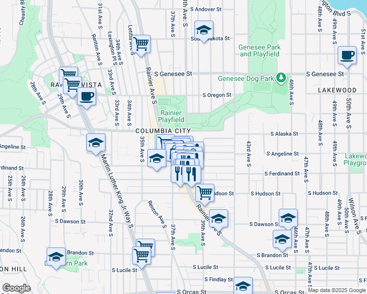 map of restaurants, bars, coffee shops, grocery stores, and more near 3801 South Alaska Street in Seattle