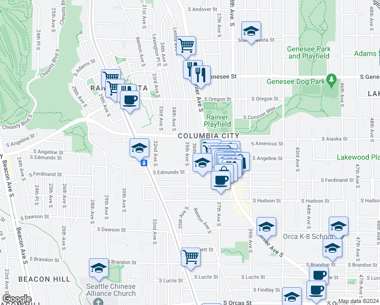 map of restaurants, bars, coffee shops, grocery stores, and more near in Seattle