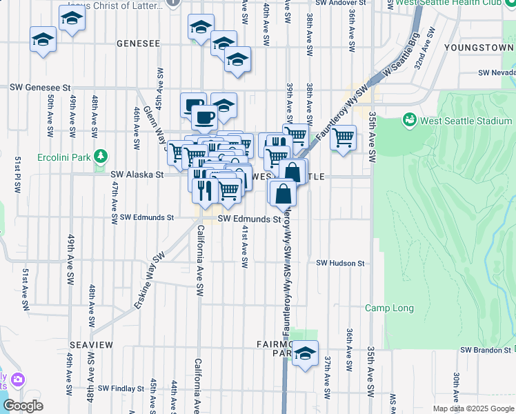 map of restaurants, bars, coffee shops, grocery stores, and more near 4752 41st Avenue Southwest in Seattle