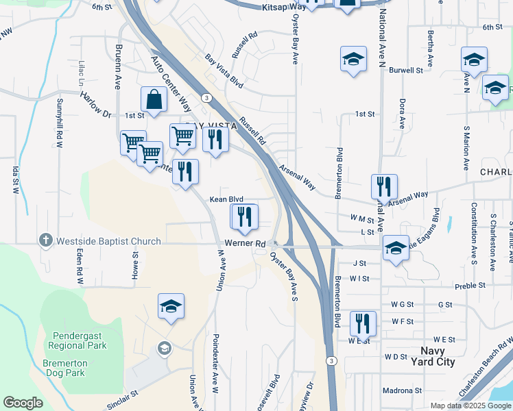 map of restaurants, bars, coffee shops, grocery stores, and more near 4525 Auto Center Way in Bremerton