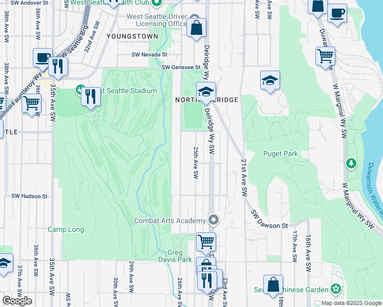 map of restaurants, bars, coffee shops, grocery stores, and more near 4716 25th Avenue Southwest in Seattle