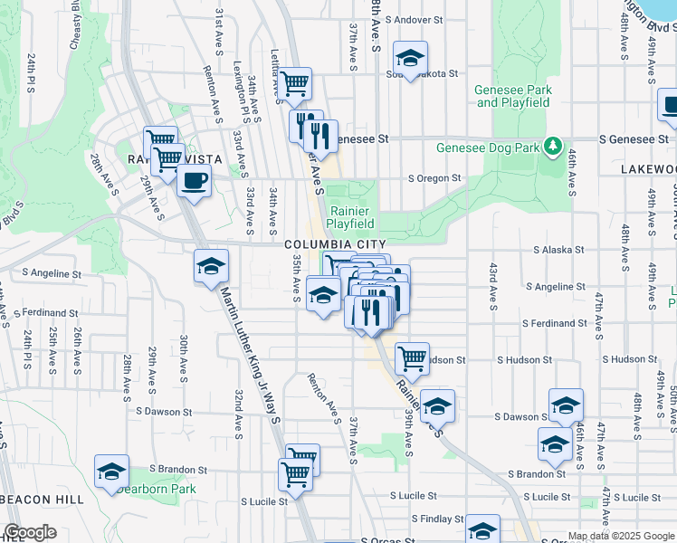 map of restaurants, bars, coffee shops, grocery stores, and more near 4721 Rainier Avenue South in Seattle
