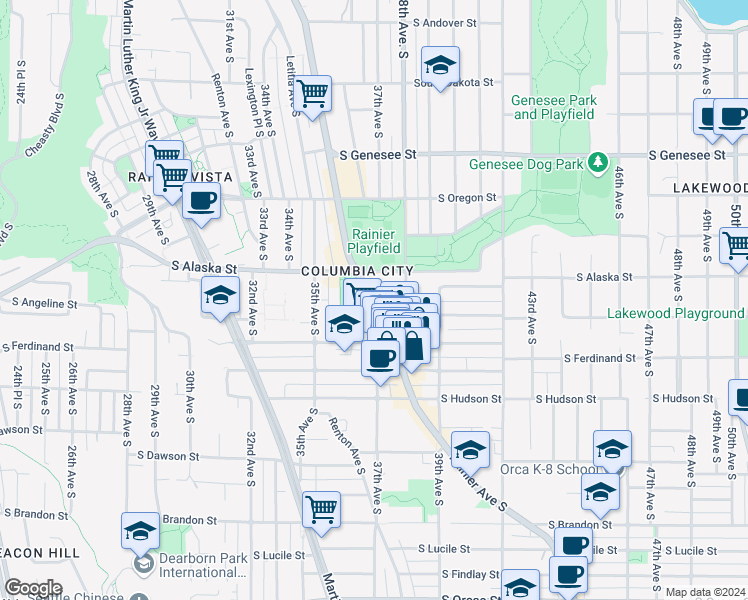 map of restaurants, bars, coffee shops, grocery stores, and more near 4714 Rainier Avenue South in Seattle