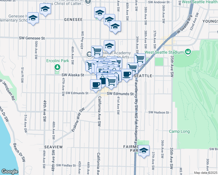 map of restaurants, bars, coffee shops, grocery stores, and more near 4727 42nd Avenue Southwest in Seattle
