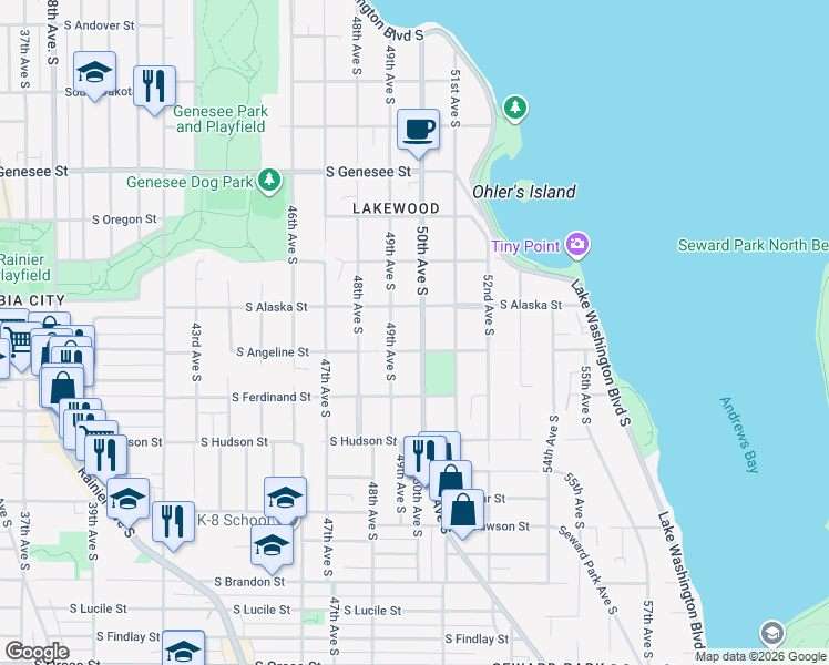 map of restaurants, bars, coffee shops, grocery stores, and more near 4721 50th Avenue South in Seattle