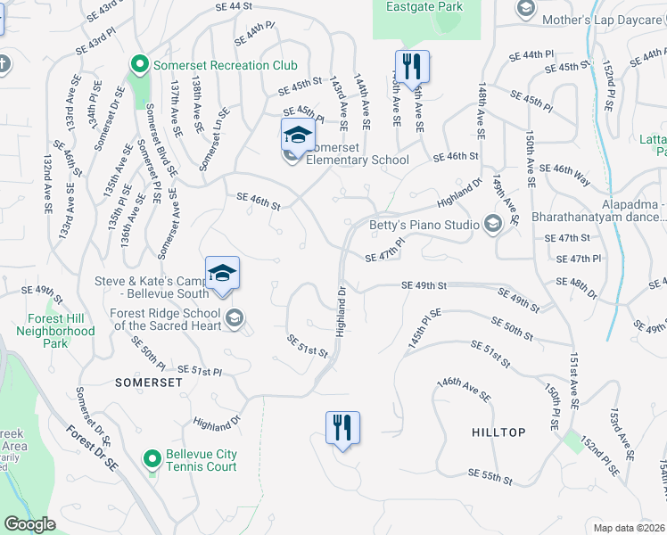 map of restaurants, bars, coffee shops, grocery stores, and more near 4725 Highland Drive in Bellevue