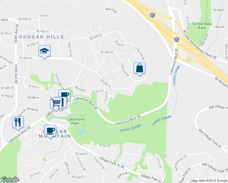 map of restaurants, bars, coffee shops, grocery stores, and more near 17323 Southeast 47th Street in Bellevue