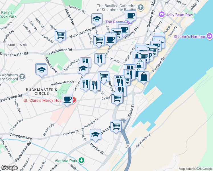 map of restaurants, bars, coffee shops, grocery stores, and more near 54 Flower Hill in St. John's