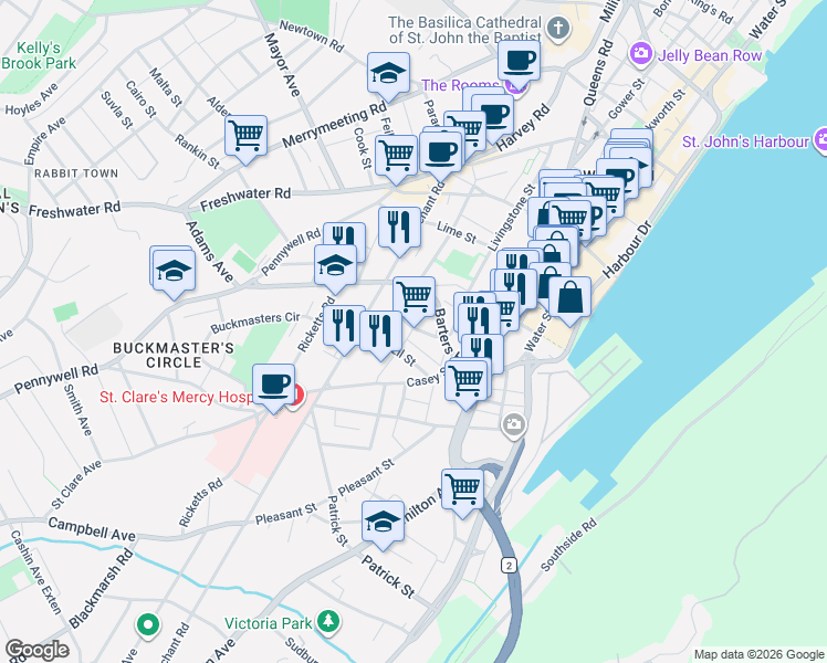 map of restaurants, bars, coffee shops, grocery stores, and more near 26 Monroe Street in St. John's