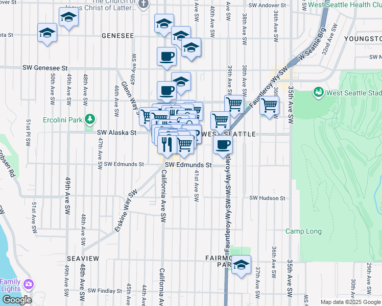 map of restaurants, bars, coffee shops, grocery stores, and more near 4704 42nd Avenue Southwest in Seattle