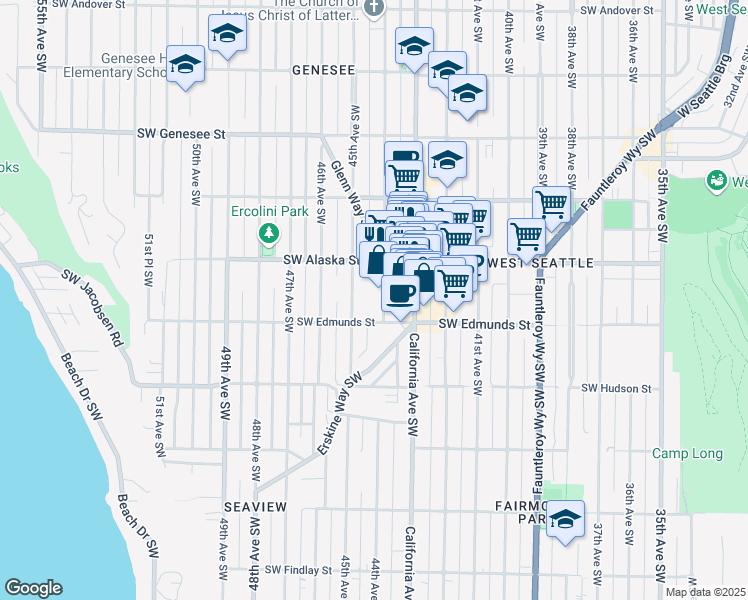 map of restaurants, bars, coffee shops, grocery stores, and more near 4712 44th Avenue Southwest in Seattle