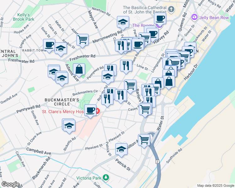 map of restaurants, bars, coffee shops, grocery stores, and more near 107 Lemarchant Road in St. John's