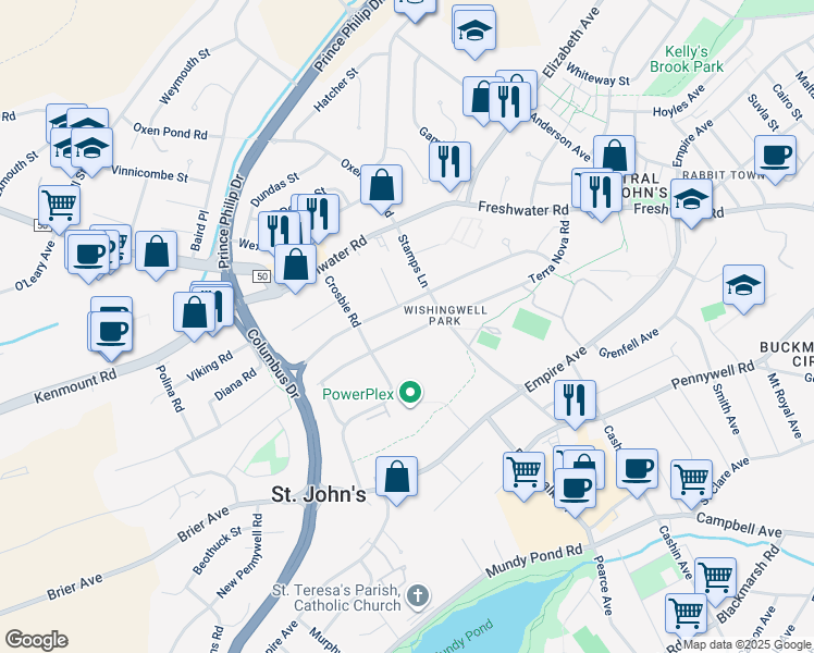 map of restaurants, bars, coffee shops, grocery stores, and more near 78 Terra Nova Road in St. John's