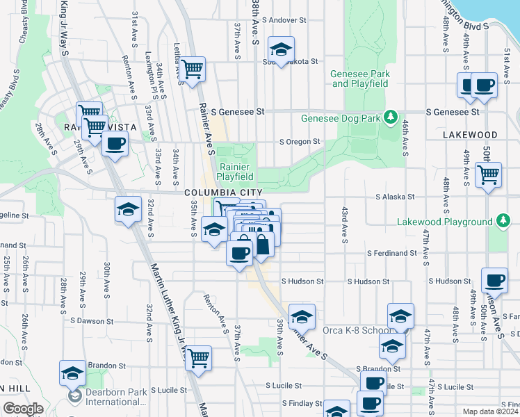map of restaurants, bars, coffee shops, grocery stores, and more near 3801 South Alaska Street in Seattle