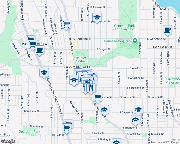 map of restaurants, bars, coffee shops, grocery stores, and more near 3801 South Alaska Street in Seattle