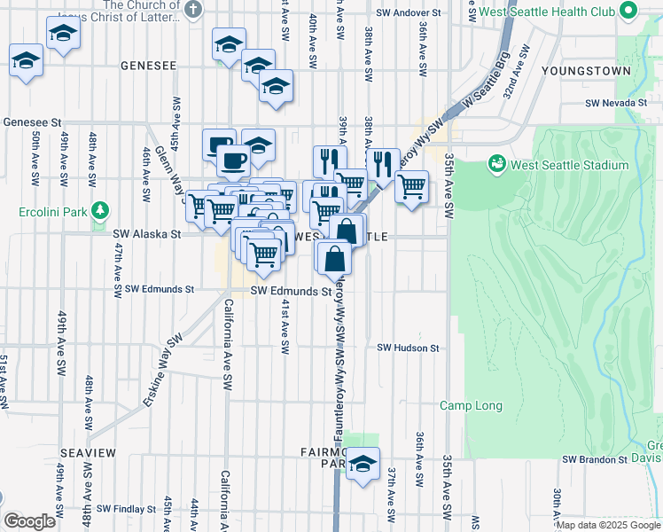 map of restaurants, bars, coffee shops, grocery stores, and more near 4721 Fauntleroy Way Southwest in Seattle