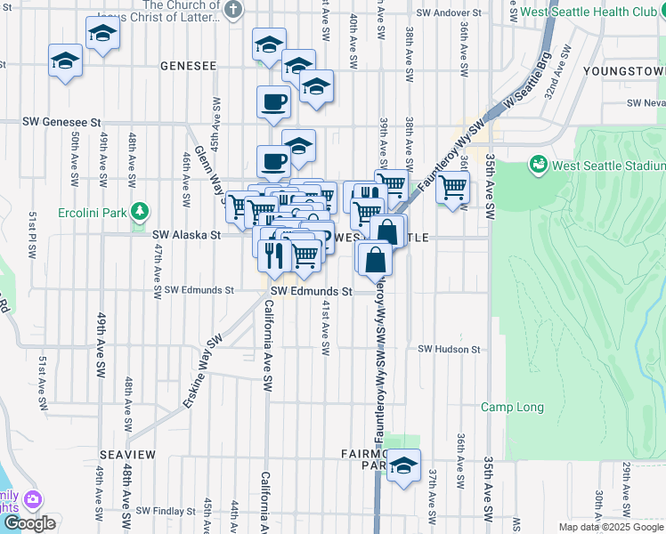 map of restaurants, bars, coffee shops, grocery stores, and more near 4752 41st Avenue Southwest in Seattle