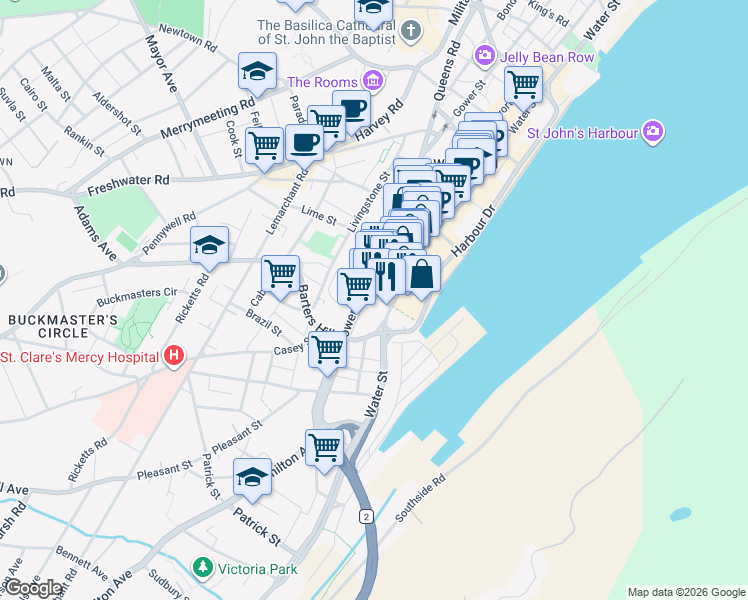 map of restaurants, bars, coffee shops, grocery stores, and more near 7 Queen Street in St. John's