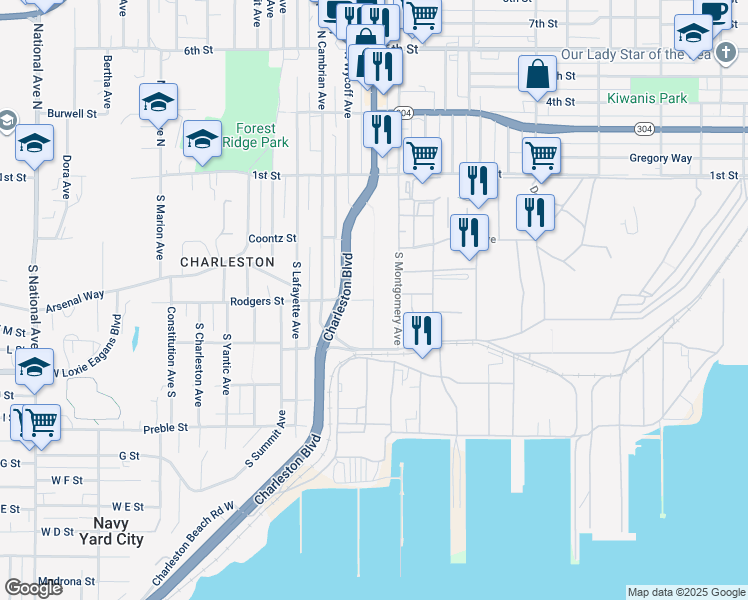 map of restaurants, bars, coffee shops, grocery stores, and more near 301 Callow Avenue South in Bremerton