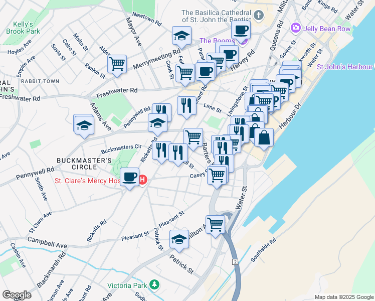 map of restaurants, bars, coffee shops, grocery stores, and more near 75 Flower Hill in St. John's