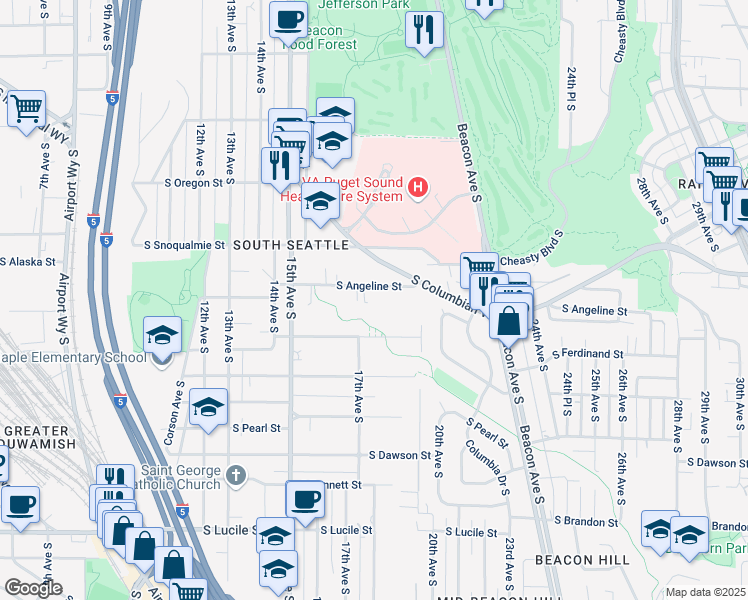 map of restaurants, bars, coffee shops, grocery stores, and more near 1703 South Angeline Street in Seattle