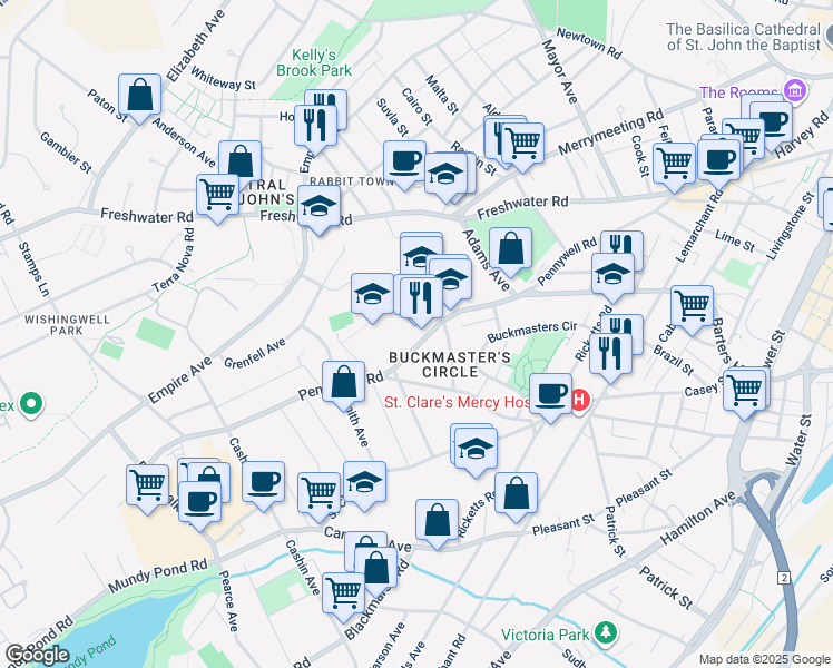 map of restaurants, bars, coffee shops, grocery stores, and more near 210 Pennywell Road in St. John's