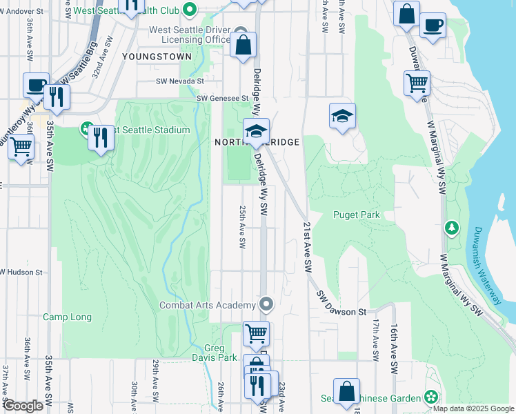 map of restaurants, bars, coffee shops, grocery stores, and more near 4716 25th Avenue Southwest in Seattle