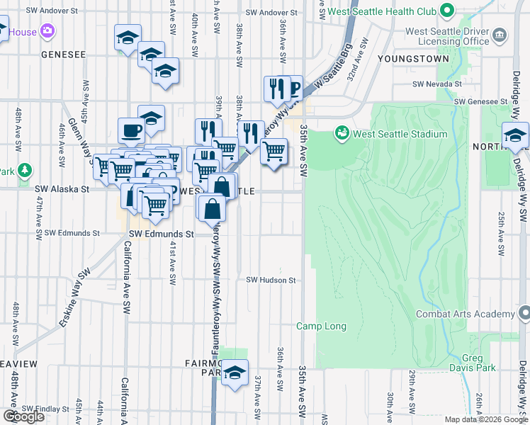 map of restaurants, bars, coffee shops, grocery stores, and more near 4724 37th Avenue Southwest in Seattle