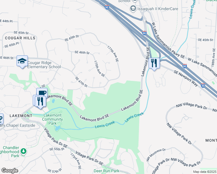 map of restaurants, bars, coffee shops, grocery stores, and more near 17449 Southeast 47th Street in Bellevue