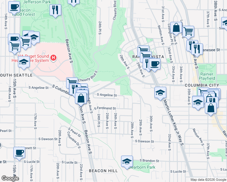 map of restaurants, bars, coffee shops, grocery stores, and more near 2530 South Americus Street in Seattle