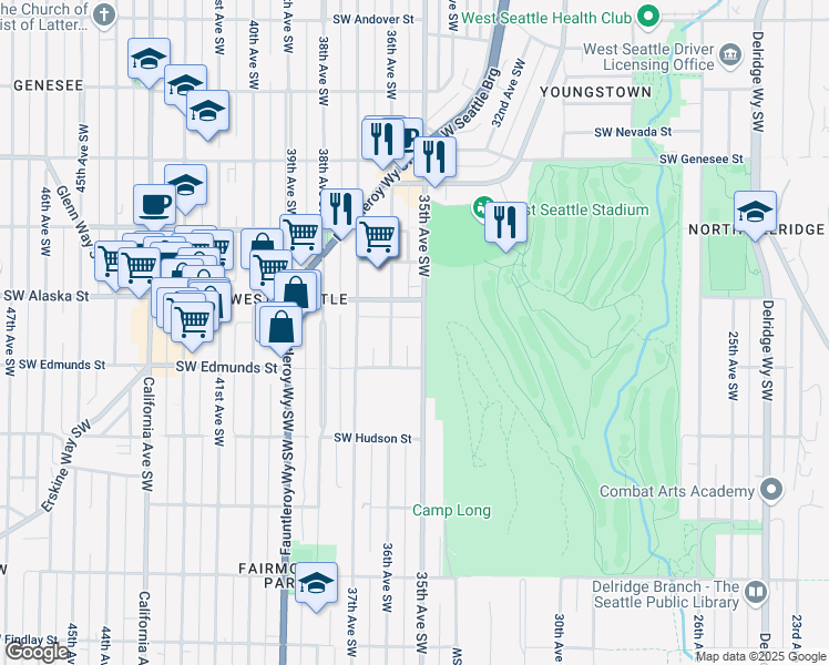 map of restaurants, bars, coffee shops, grocery stores, and more near 4717 35th Avenue Southwest in Seattle