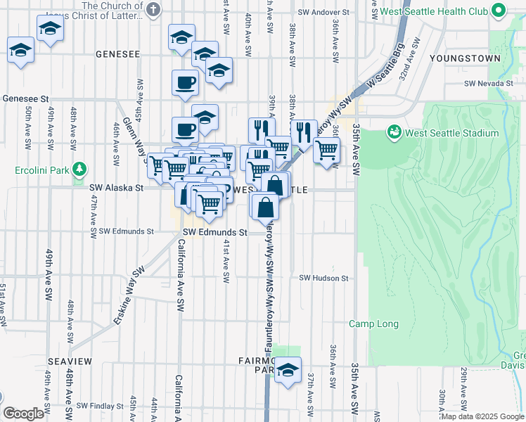 map of restaurants, bars, coffee shops, grocery stores, and more near 4721 Fauntleroy Way Southwest in Seattle
