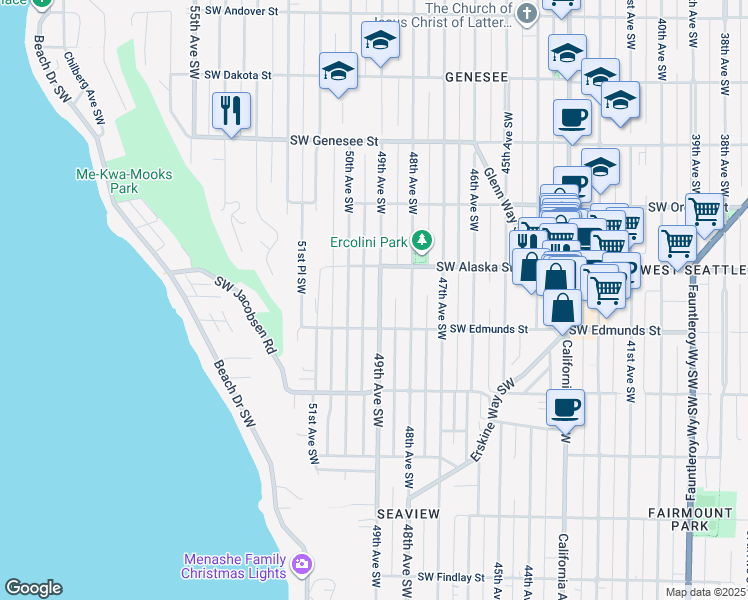 map of restaurants, bars, coffee shops, grocery stores, and more near 4723 49th Avenue Southwest in Seattle