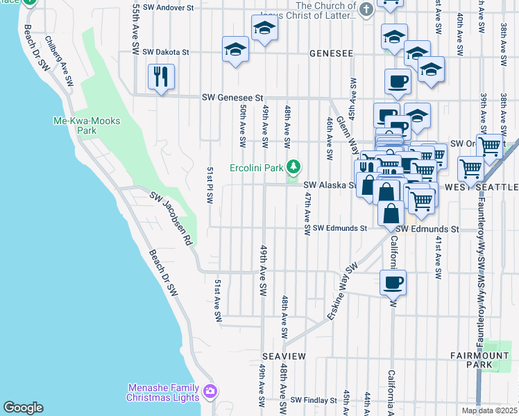 map of restaurants, bars, coffee shops, grocery stores, and more near 4723 49th Avenue Southwest in Seattle