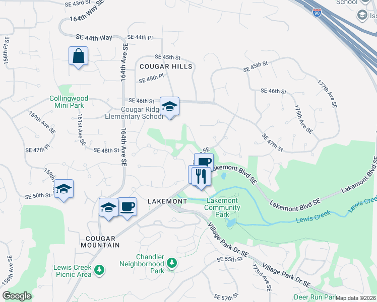 map of restaurants, bars, coffee shops, grocery stores, and more near 16746 Southeast 48th Place in Bellevue