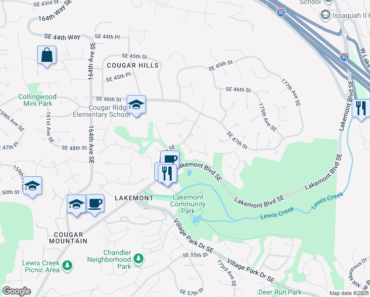 map of restaurants, bars, coffee shops, grocery stores, and more near 17109 Southeast 47th Place in Bellevue