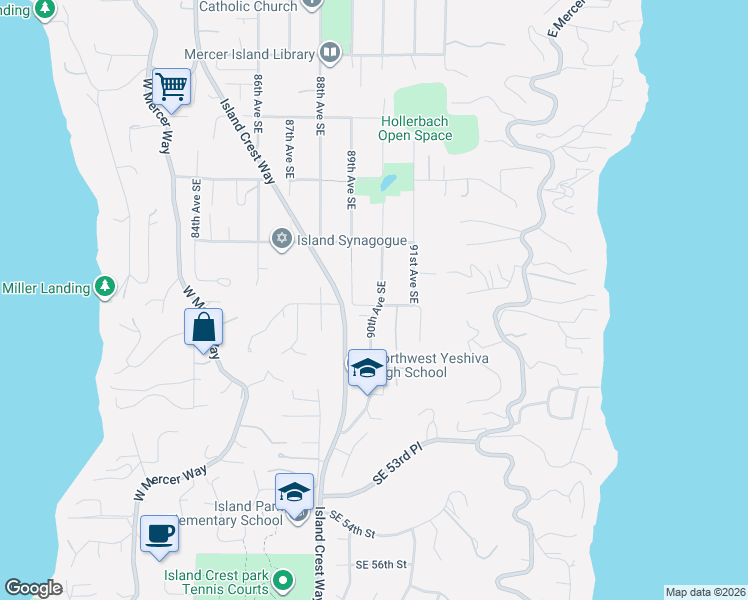map of restaurants, bars, coffee shops, grocery stores, and more near 4753 90th Avenue Southeast in Mercer Island