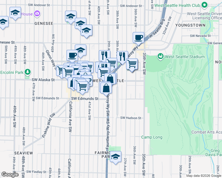 map of restaurants, bars, coffee shops, grocery stores, and more near 4722 Fauntleroy Way Southwest in Seattle
