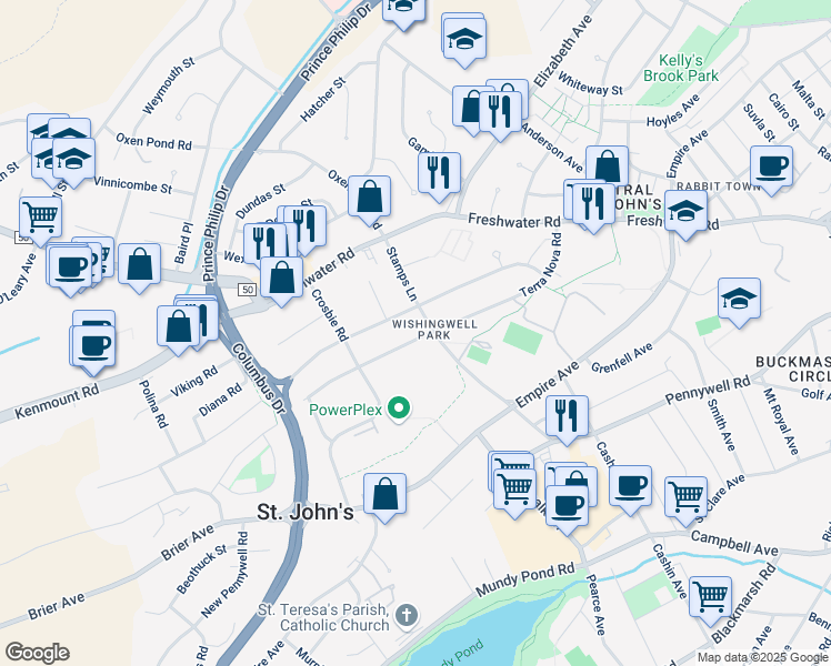 map of restaurants, bars, coffee shops, grocery stores, and more near 70 Terra Nova Road in St. John's