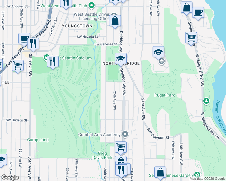 map of restaurants, bars, coffee shops, grocery stores, and more near 4725 25th Avenue Southwest in Seattle