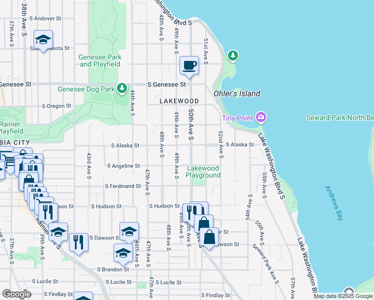 map of restaurants, bars, coffee shops, grocery stores, and more near 4913 South Alaska Street in Seattle