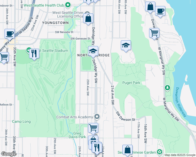 map of restaurants, bars, coffee shops, grocery stores, and more near 4717 Cottage Place Southwest in Seattle