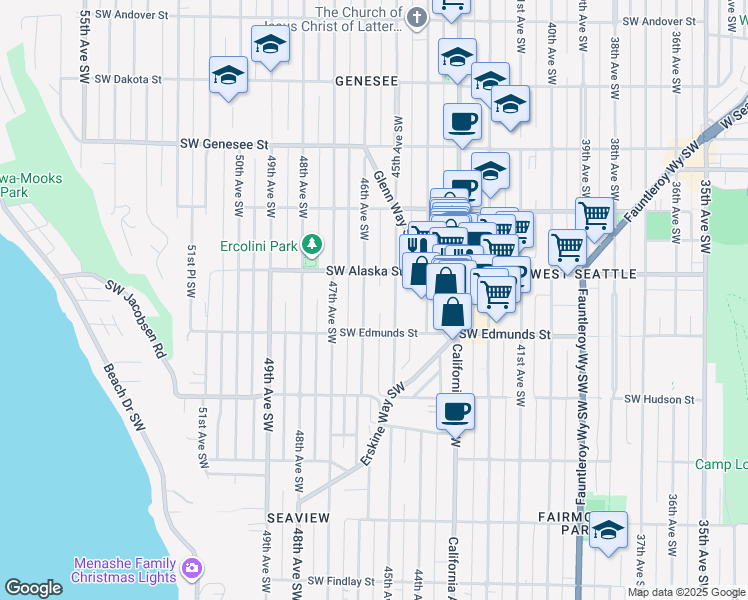 map of restaurants, bars, coffee shops, grocery stores, and more near 4721 46th Avenue Southwest in Seattle