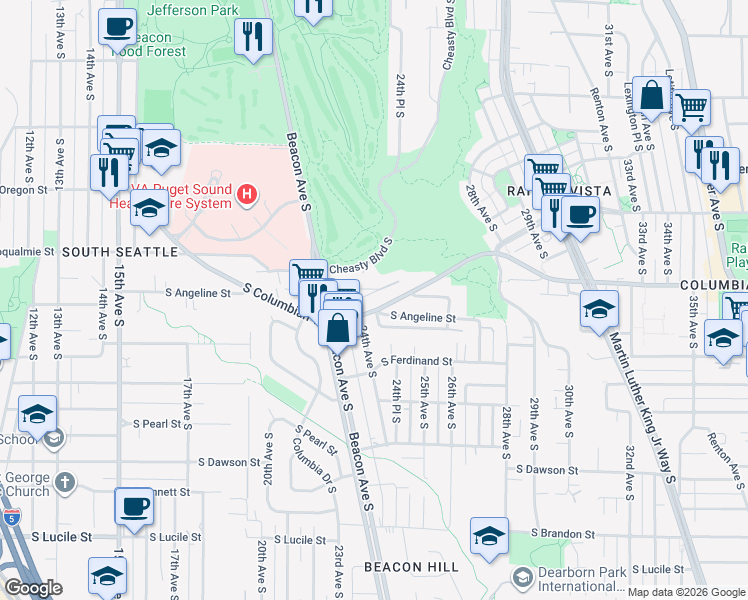 map of restaurants, bars, coffee shops, grocery stores, and more near 2420 South Columbian Way in Seattle