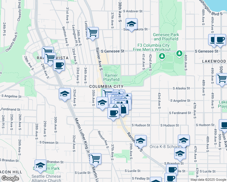 map of restaurants, bars, coffee shops, grocery stores, and more near 4714 Rainier Avenue South in Seattle