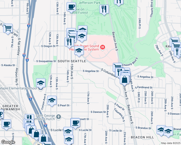 map of restaurants, bars, coffee shops, grocery stores, and more near 1703 South Angeline Street in Seattle