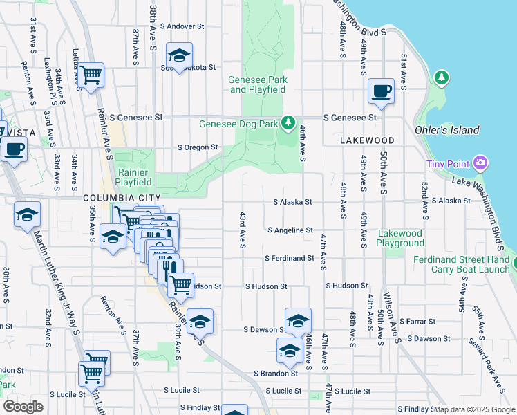 map of restaurants, bars, coffee shops, grocery stores, and more near 4319 South Alaska Street in Seattle
